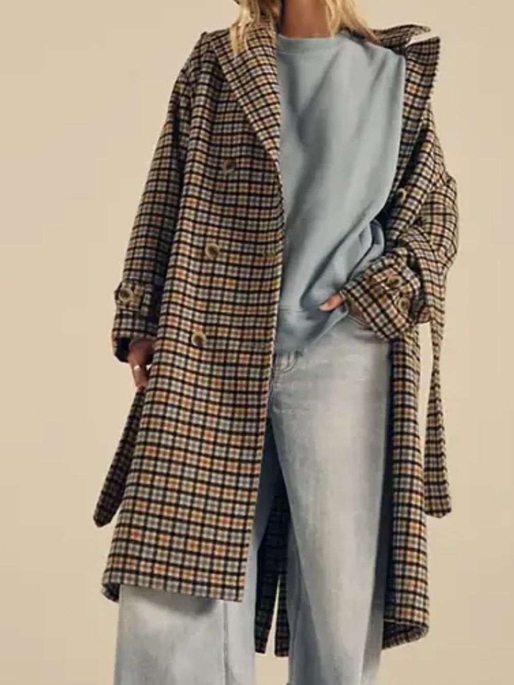 American Eagle Outfitters Plaid Pea Coat in Blue, Brown & Black